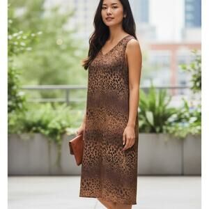 MAGGY LONDON Dress 100% Silk Y2K Cottage Core Boho Leopard Print Brown SZ 18